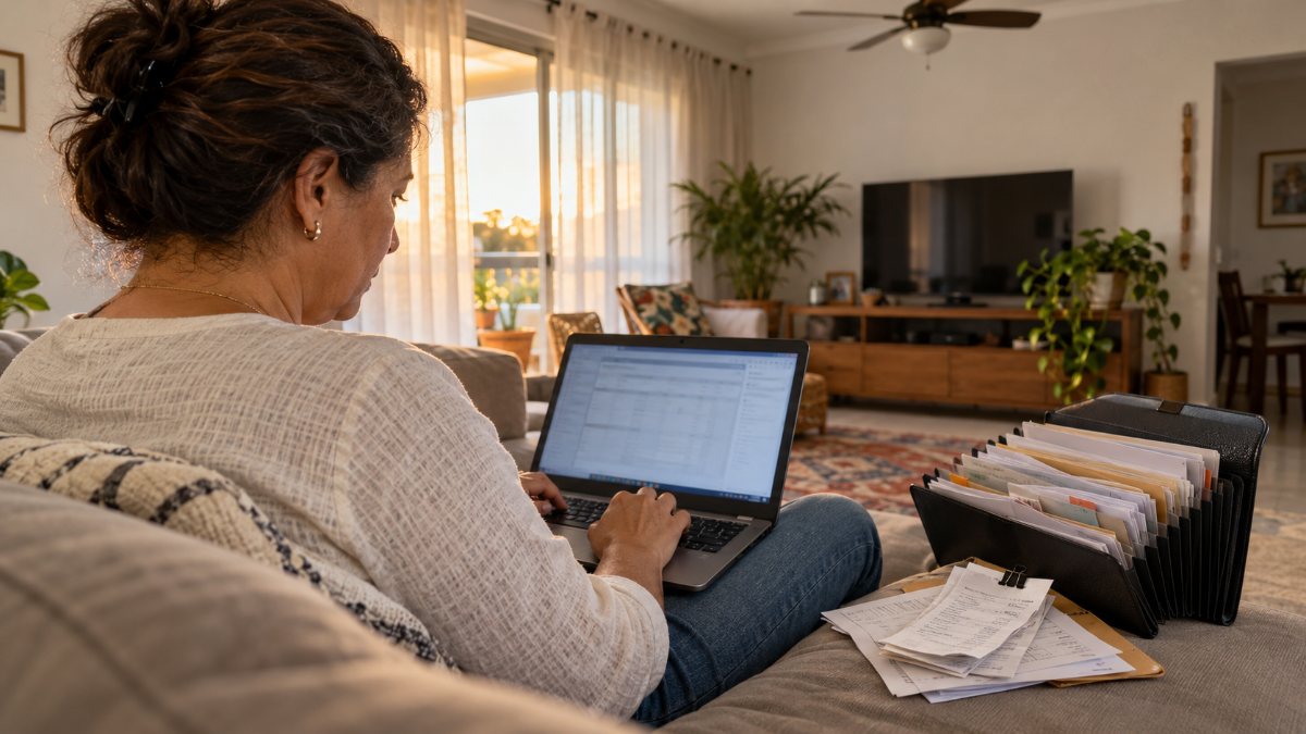 Mulher no sofá atualizando planilha no notebook ao lado de pasta com recibos e documentos