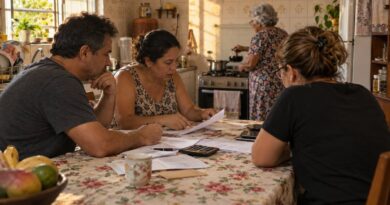 Irmãos adultos conversando sobre contas na cozinha enquanto a mãe idosa passa café ao fundo