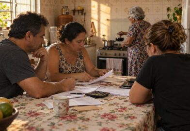 Irmãos adultos conversando sobre contas na cozinha enquanto a mãe idosa passa café ao fundo