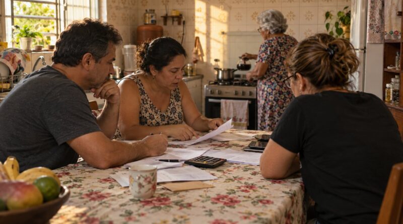 Irmãos adultos conversando sobre contas na cozinha enquanto a mãe idosa passa café ao fundo